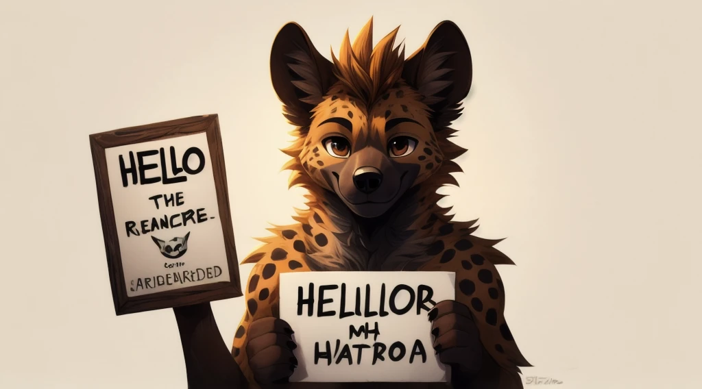 masterpiece，hyena，male，，solitary，best quality，Exquisite eyes，Brown eyes，paw，hair，White background，Cartoon Style，白色的hair，Facing the camera，Smile，Holding the sign with both hands，It says on the sign &References;Hello&References;，permanent