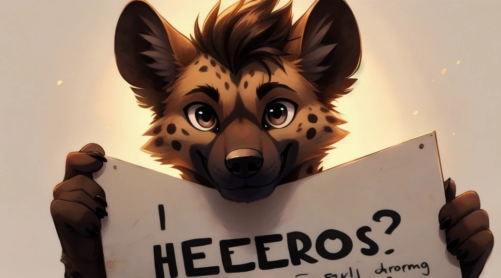 masterpiece，hyena，male，，solitary，best quality，Exquisite eyes，Brown eyes，paw，hair，White background，Cartoon Style，白色的hair，Facing the camera，Smile，Holding the sign with both hands，It says on the sign &References;Hello&References;，permanent