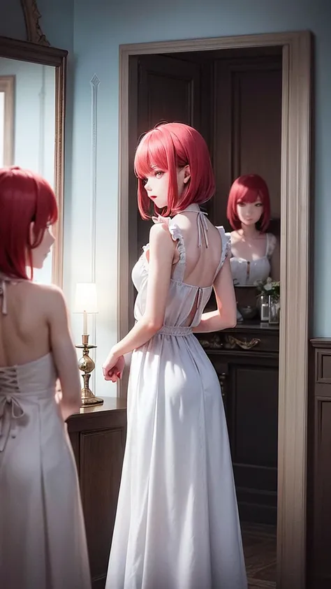 Female character standing in front of a mirror The reflection in the mirror showed a young woman with an unusual and frightening looking face. It had bright red eyes and a sharp-looking mouth. He was wearing a long white dress that looked old and had blood...