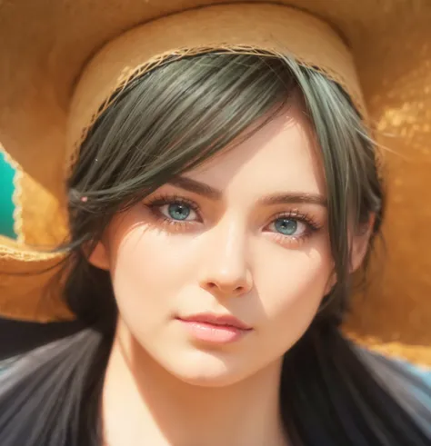 A green-skinned girl wearing a yellow hat, detailed facial features, beautiful blue eyes, long eyelashes, beautiful detailed lips, extremely detailed face, 1girl, fantasy portrait, surreal, digital art, (best quality,4k,8k,highres,masterpiece:1.2),ultra-de...