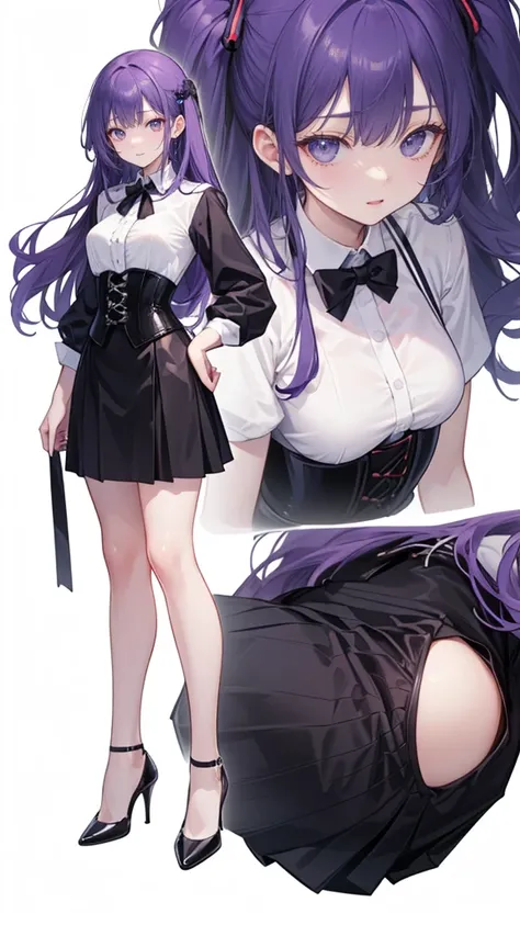 Purple Hair,long hair,Adult female,(suit),White Y-shirt,((Rolling up his sleeves)),(corset),(Black tight skirt),(High heels),Heels are visible,((Simple white background)),smile,((whole body)),((full body)),((((Blank white background))))