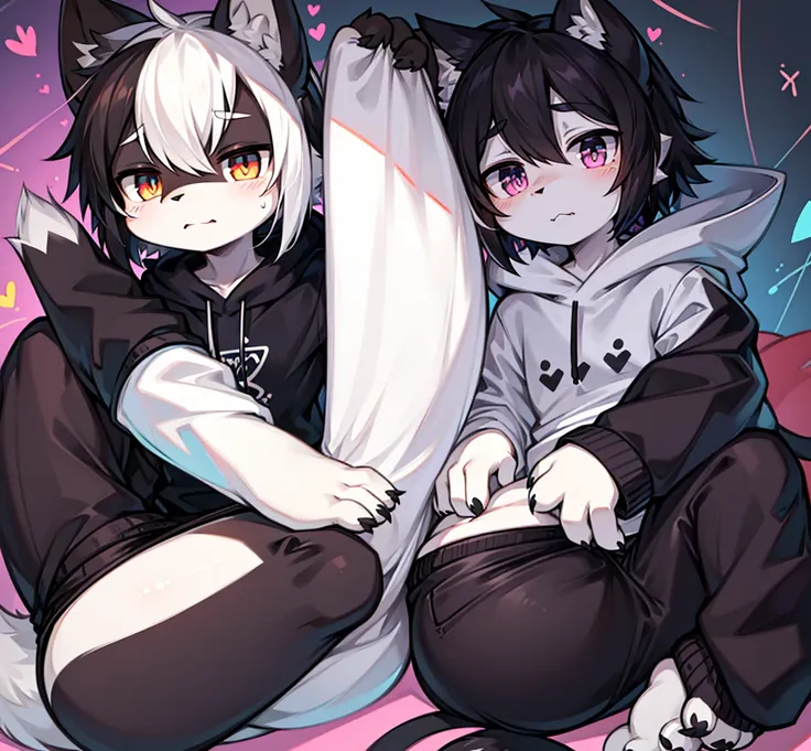 black cat，hairy，furry，Colorful Patterned White Sweatshirt，Black casual pants with white stripes，Q version，cute，Simple art style，Cartoon style，There is little love in the eyes，black pupils，White hair on paws，Black hair on ears, white hair on ear tips，black ...