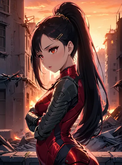 , score_9, score_8_up, score_7_up, score_6_up, score_5_up, score_4_up, source_anime, masterpiece , anime screencap, absurdres, minaashiro, black hair, ponytail, long hair, hair ornament, mole under eye, mole, red eyes bodysuit, armor, wide_hips upper body,...