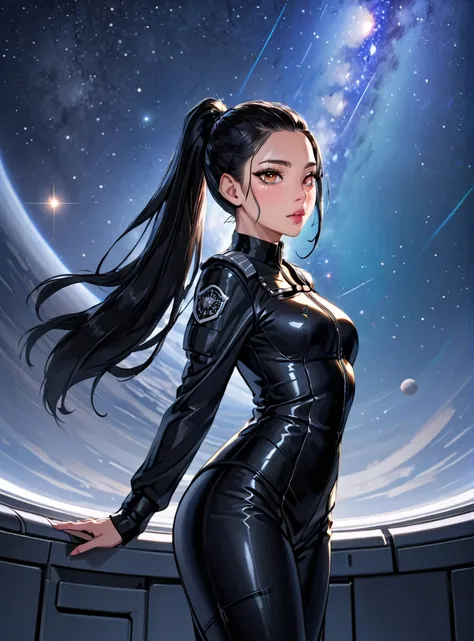 a beautiful female soldier named lin wei, standing on a spaceship with a vast expanse of space filled with twinkling stars as th...