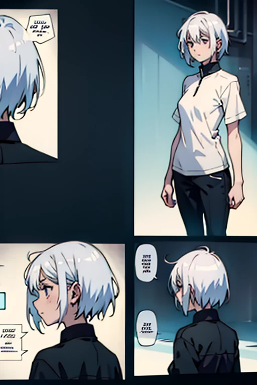 Girl with short white hair small and really skinny, dying of a sickness, manga page with panels and dialogue    