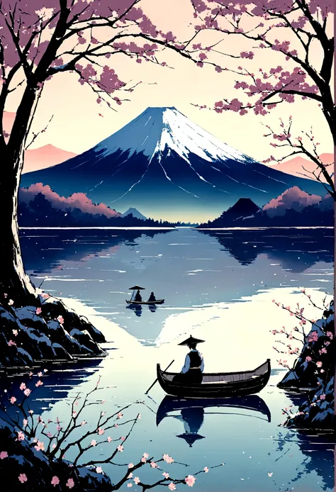 A serene Japanese landscape unfolds: a majestic Mount Fuji rises in the background, its snow-capped peak shrouded in mist. Before it, a tranquil lake reflects the beauty of nature, with delicate cherry blossoms floating on its surface. A lone rowboat glide...