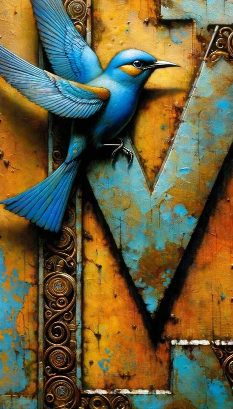 a closeup of a rusty metal letter V, with a blue bird playing with an eye, letter: V (Dave Mckean inspired art, intricate details, oil painting)
