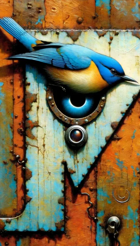 a closeup of a rusty metal letter V, with a blue bird playing with an eye, letter: V (Dave Mckean inspired art, intricate details, oil painting)
