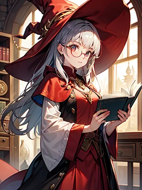 Woman in red hat and glasses holding a book,silver hair,she wears Harry Potter glasses, Maya Ali as D&D sorceress, holding a book of spells, Dressed as a witch, D&D magician, wearing a red wizard hat.