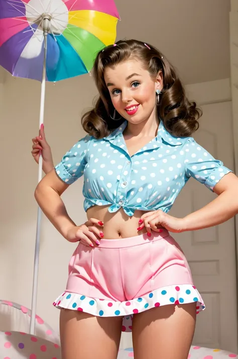 photo brunette pinup holding big lollipop bright light colors pastel mini skirt with polka dots posing in pinup marelyn monroe style sexy