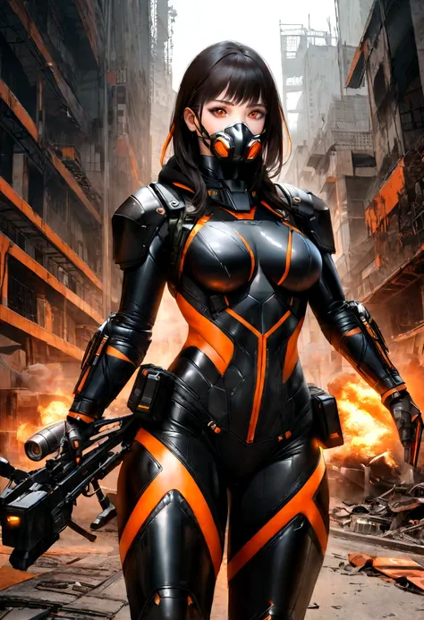 Hyper-realistic Athletic and toned female with shoulder-length black hair with orange streaks and brown eyes. She is an explosives expert, skilled in demolition, engineering, gadget creation, and hand-to-hand combat, The Costume consists of a black armored...