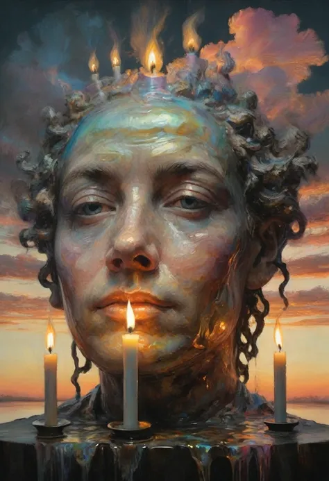 double exposure, fascinating detailed soft painting of a human face, melting sculpture sculpture of a beautiful sunset, made entirely of transitional elements with iridescent liquid in them, with tubes coming out of them, on a dark field with candles, mute...