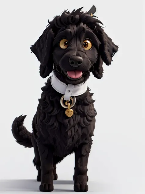 Medium size golden doodle. Black with white chest.
Tounge sticking out. 