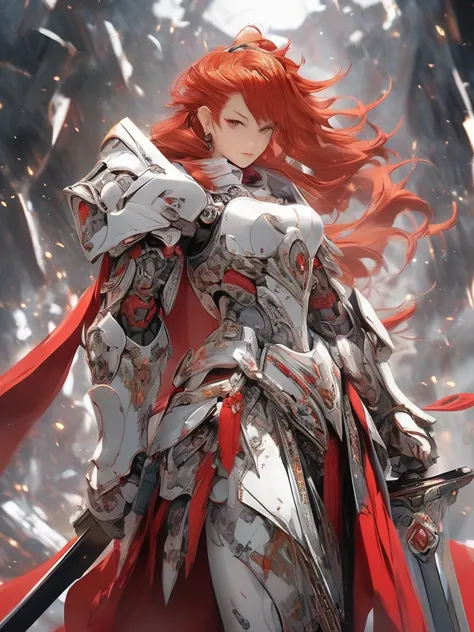 photography, raw photo, A female warrior dressed in battle clothes, red hair, holding a long sword in her hand, dressed in formal attire, a fusion of mecha and cloth clothing, with a complex hierarchy of monochromatic white characters, deep silver and ligh...