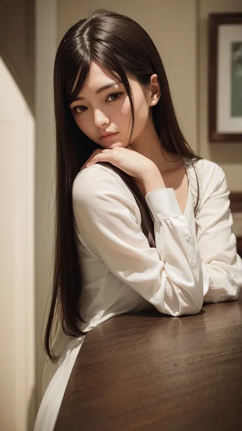 A woman with a thin chin, delicate long hair, white blouse, leaning her chin on her hand and looking into the distance