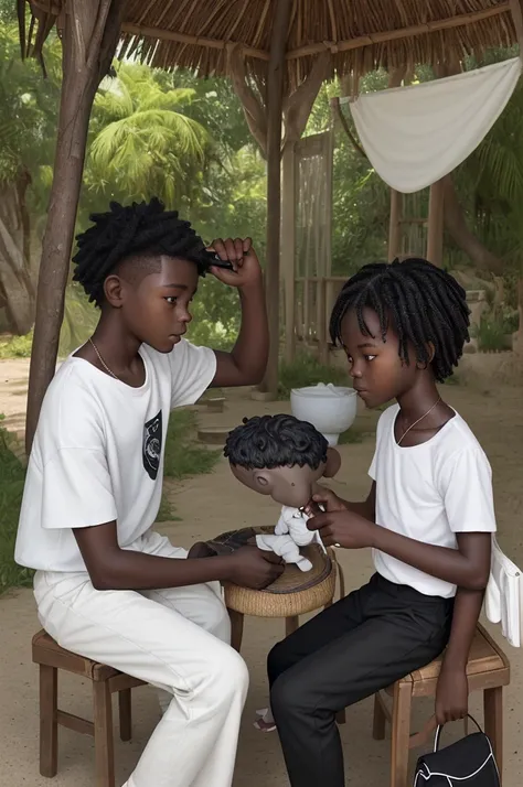 Create a highly detailed ultra realistic portrait image of A young African boy with black skin, dressed in a white shirt and quarter-left black pants, is sitting with a young girl who also has black skin. She is wearing a floral dress and flip-flops. The b...