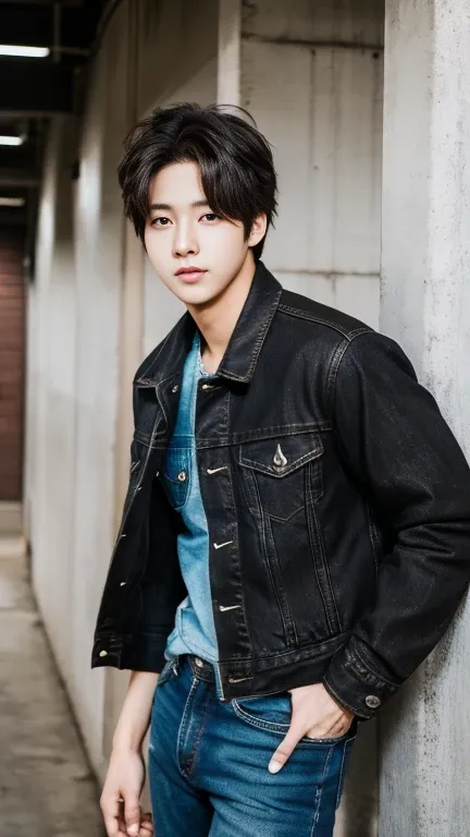 Lee ho ,23 year old young man , best qualityer, high resolution, light hair, eyes browns, Look at the Beholder, wearing a black denim jacket,  K-pop railroad style ,Beauthfull, highest quallity , high resolution
