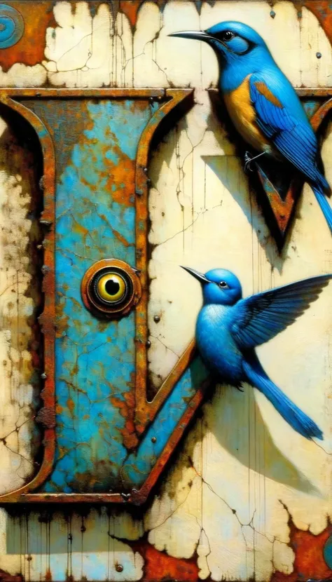 a closeup of a rusty metal letter V, with a blue bird playing with an eye, letter: V (Dave Mckean inspired art, intricate details, oil painting)
