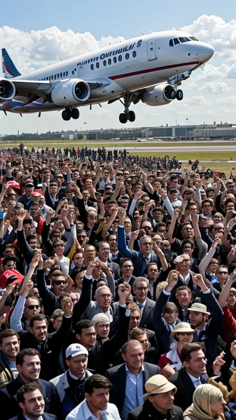 A crowd in Calais cheering as Quimby lands her plane, celebrating her achievement