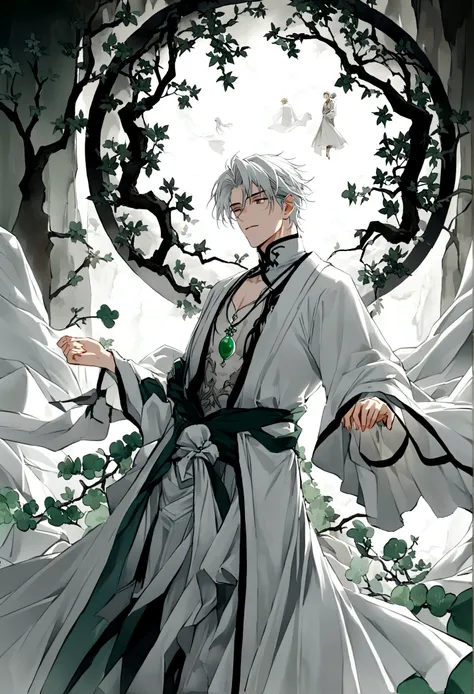 Mysterious forest,Shandong(((ancient cave)))，((Young male)),Handsome，((Worn clothes))，Shocked expression，((Jade pendant floating in the air，Silvery white light,Dazzling))，dream，((Mysterious dream scene））style，Chinese style，Immortal World，Xianxia World