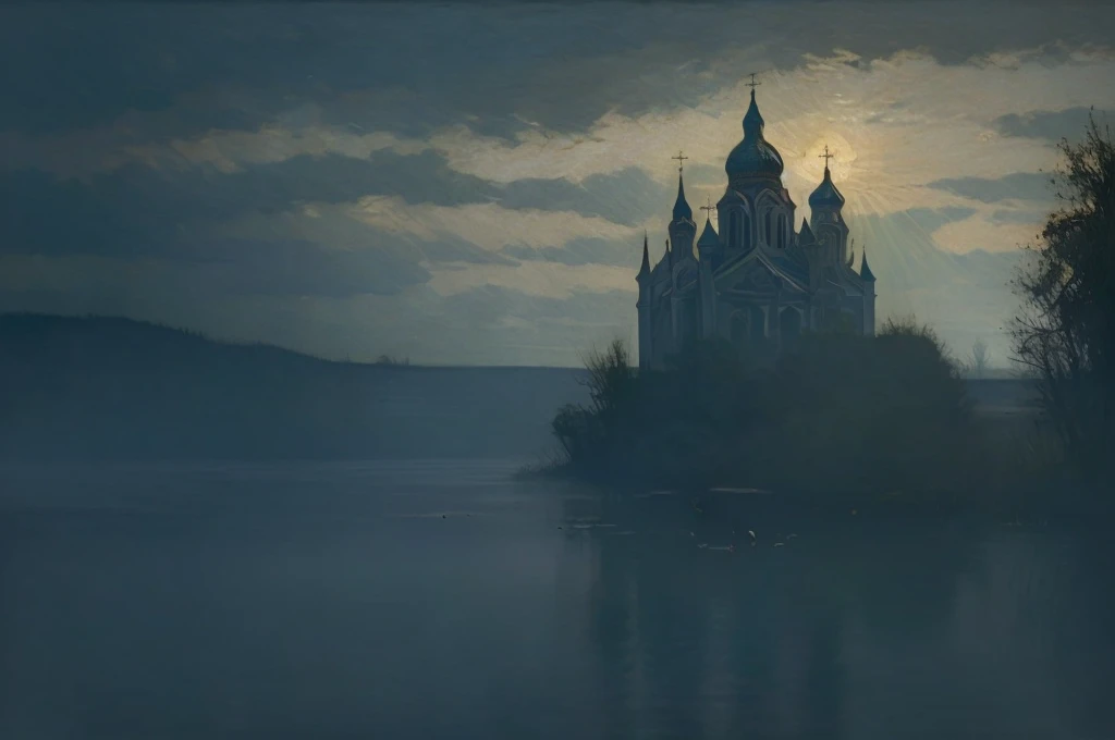 In this mystical scene a shining Orthodox church rises from the murky waters of a primordial swamp, the ornate black domes and crosses of the church are shrouded in mist, in the background a modern cityscape stretches beyond the horizon, sky and clouds, su...