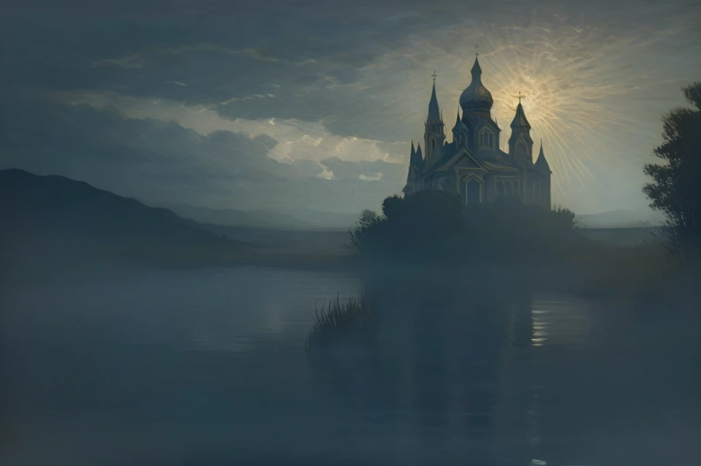 In this mystical scene a shining Orthodox church rises from the murky waters of a primordial swamp, the ornate black domes and crosses of the church are shrouded in mist, in the background a modern cityscape stretches beyond the horizon, sky and clouds, su...