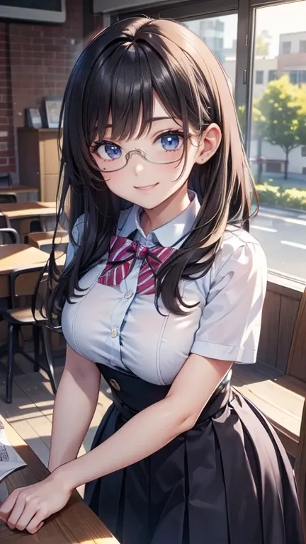 View your viewers,high school girl,Leaning forward,(Random cute clothes),(Random animated poses),(Thin type),(Large Breasts),(Random hairstyle),(Best image quality, (8K), Ultra-realistic, 最high quality, high quality, High resolution, high qualityの質感, Atten...