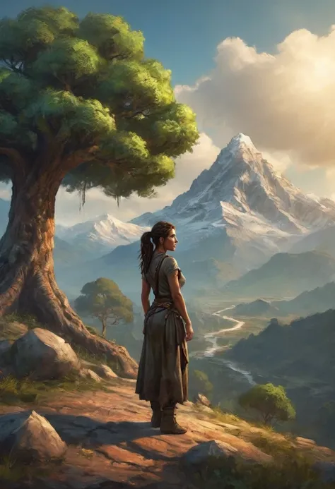 Arafed woman with tree and mountain in the background, portrait shot with matte painting, double exposure, Unreal engine render + goddess, beautiful digital images, The Tomb Raider is beautiful, 3D rendering and matte painting, realistic fantasy render, st...