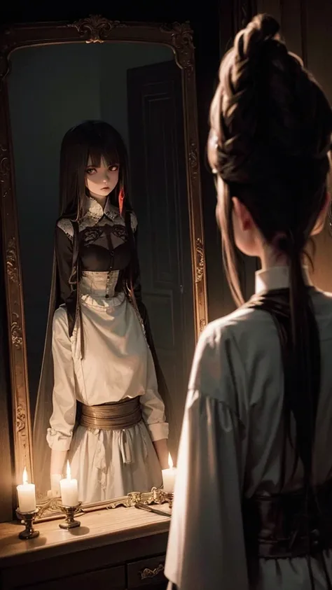 Female character standing in front of a mirror The reflection in the mirror showed a young woman with an unusual and frightening looking face. It had bright red eyes and a sharp-looking mouth. He was wearing a long white dress that looked old and had blood...