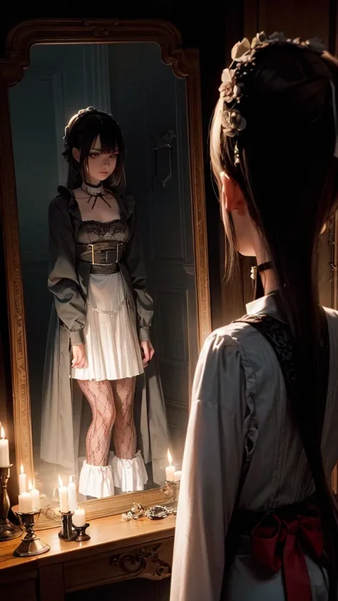 Female character standing in front of a mirror The reflection in the mirror showed a young woman with an unusual and frightening looking face. It had bright red eyes and a sharp-looking mouth. He was wearing a long white dress that looked old and had blood...