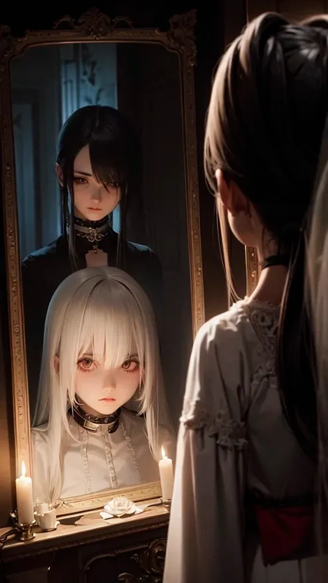 Female character standing in front of a mirror The reflection in the mirror showed a young woman with an unusual and frightening looking face. It had bright red eyes and a sharp-looking mouth. He was wearing a long white dress that looked old and had blood...