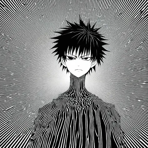 Draw a black and white illustration in gothic manga style. The image must show the face of a teenager with a serious expression, short black hair, vestindo um terno. Only the neck upwards should be visible. The background should have crooked black and whit...