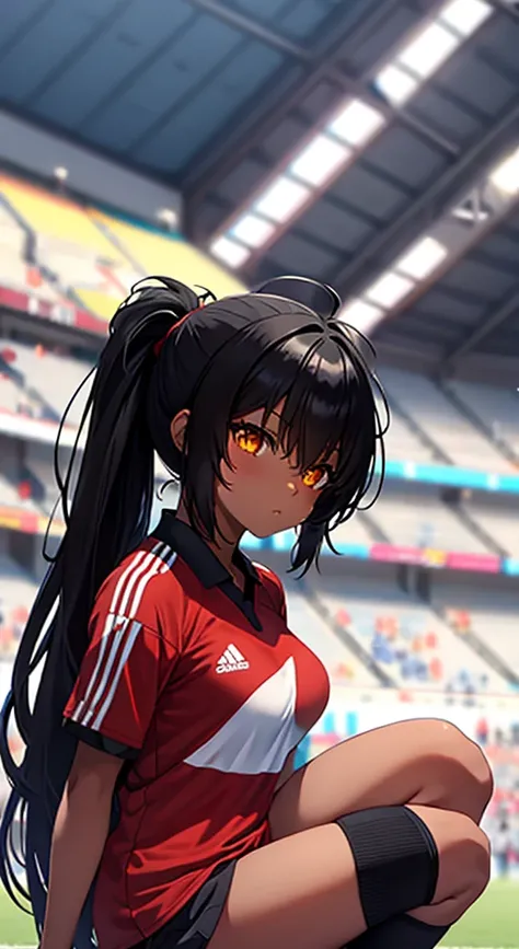 Black anime girl, black hair tied up, wearing dar blue and red and white soccer kit, wearing soccer boots, on the stadium, kicking ball