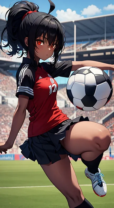 Black anime girl, black hair tied up, wearing dar blue and red and white soccer kit, wearing soccer boots, on the stadium, kicking ball