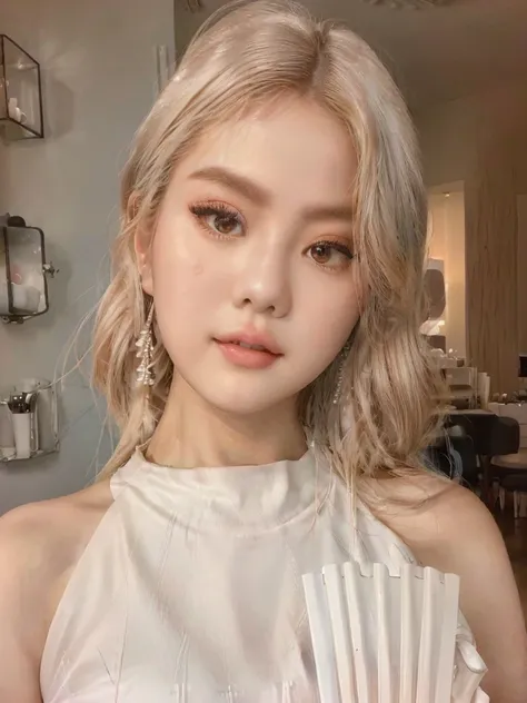 a close up of a woman holding a fan and a fan, popular south korean makeup, popular korean makeup, white hime cut hairstyle, roseanne park of blackpink, ulzzang, beautiful pale makeup, pale milky white porcelain skin, beautiful aesthetic face, pale porcela...