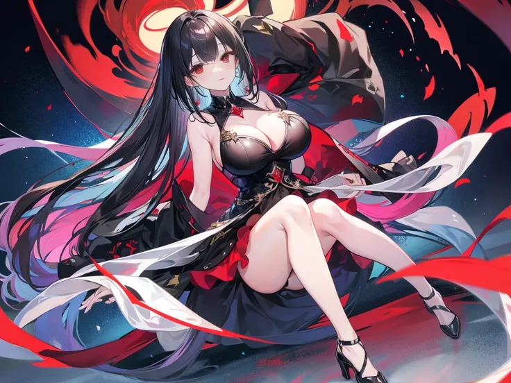 (Exquisite eyes),(Clear and beautiful eyes:1.61),masterpiece, 1 young girl,(Black clothes and some red gems), Black long hair, (She has a huge red gem on her chest), Good Hand,((The Havoc of StarCraft)),full-body shot,Fighting Stance,(Red Eyes:1.466)，short...