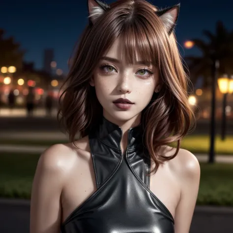 a girl at a park on a date at night with street lights,
blurry background, 
cat ears, 
black makeup, 
closeup, face, detailed eyes, eyes, extreme details, intricate,
red hair, short hair, bob cut, red eyes, 
glow, lights, shiny lights, 
low-cut,
freckles, ...