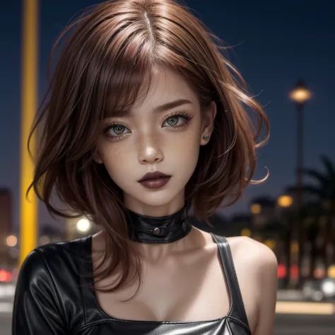 a girl at a park on a date at night with street lights,
blurry background, 
cat ears, 
black makeup, 
closeup, face, detailed eyes, eyes, extreme details, intricate,
red hair, short hair, bob cut, red eyes, 
glow, lights, shiny lights, 
low-cut,
freckles, ...