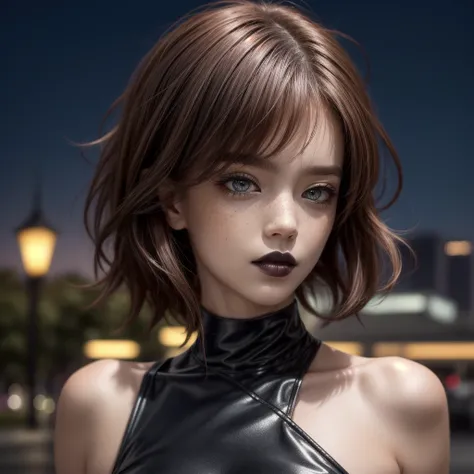 a girl at a park on a date at night with street lights,
blurry background, 
cat ears, 
black makeup, 
closeup, face, detailed eyes, eyes, extreme details, intricate,
red hair, short hair, bob cut, red eyes, 
glow, lights, shiny lights, 
low-cut,
freckles, ...