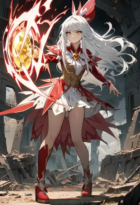 portraite, long hair, White hair, gold eyes,  1 girl, Head, face, magical girl, absurderes, work of art, best qualityer,  custom magic, ((mahou shoujo)), shorth hair, desolation, ruins, dynamic pose, apocalypto, spell, Style-Glass, full body shot shot