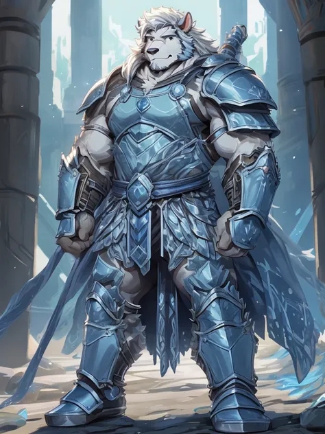 a furry sheep, white fur, shoulder long hair, (((handsome))), slim fit, fit build, paladin, ((white sheep), ((dark blue paladin armor)), furry art, full body, mature, tall, daddy, muscular, silky hair,