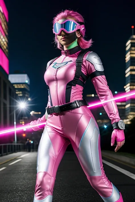 ((best quality)), ((masterpiece)), (detailed), 1 girl, full body, 20s, young adult, eye mask, black helmet that covers her entire head, smooth head, biker helmet, biker helmet with blue headphones on the sides, flashlight on her forehead, short pink hair c...