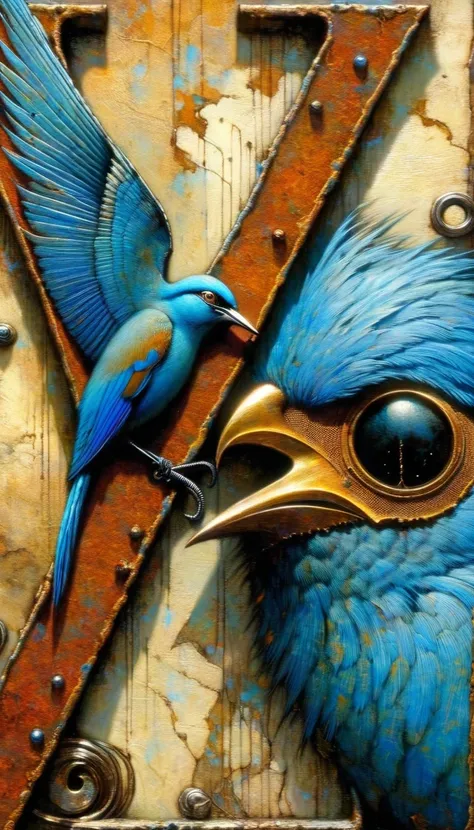 a closeup of a rusty metal letter V, with a blue bird playing with an eye, letter: V (Dave Mckean inspired art, intricate details, oil painting)
