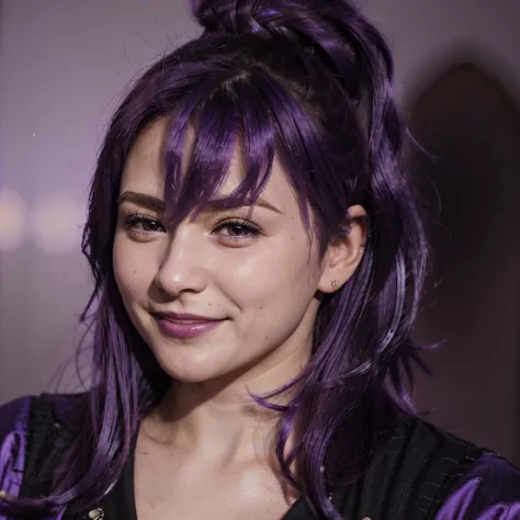 (((Venus Hum))) (((Purple hair))) close-up photo of a woman, smiling, night city background, photo realistic, 8k