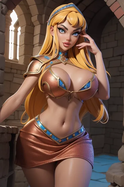  seductively exploring a medieval fantasy castle, revealing a highly detailed face and captivating eyes, dressed in provocative micro armor, visible navel, surrounded by vibrant and colorful scenery, rendered in stunning 4k quality.