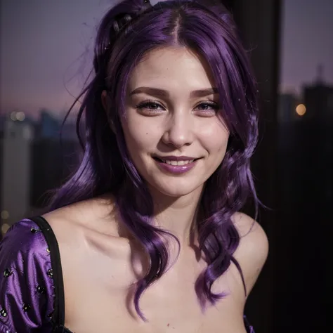 (((Venus Hum))) (((Purple hair))) close-up photo of a woman, smiling, night city background, photo realistic, 8k