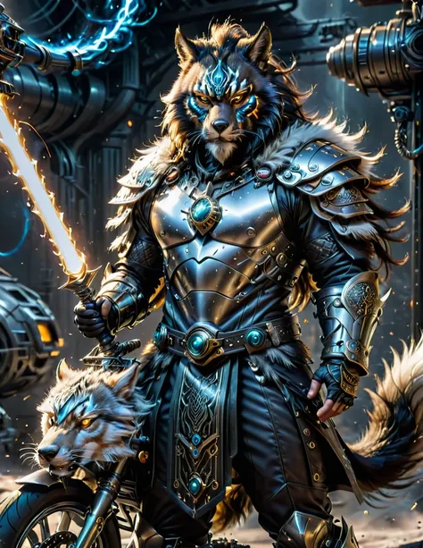 A high-resolution image of a science fiction Mongolian warrior with mask. He is adorned in fur armor combined with chainmail, with elements of carbon integrated into the design. He stands beside a futuristic ((balance bike)), made of sleek chrome and advan...