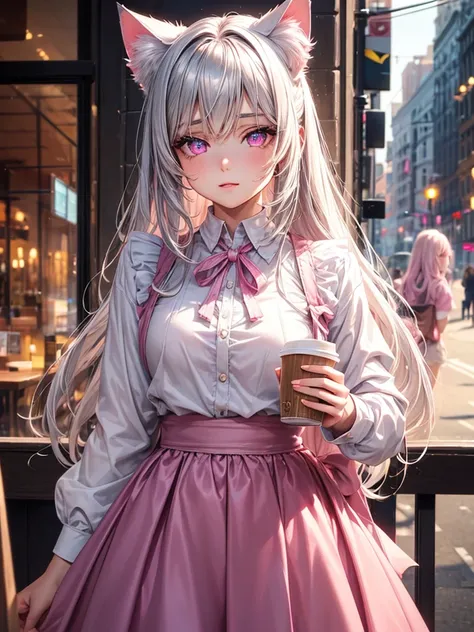 Highly detailed face,fine grain,Sparkling eyes,Highlighted eyes,Medium chest,pretty girl, Longing eyes,Cat ear, Beautiful silver hair,Pink inside,Beautiful pink eyes,Oversized shirt,skirt,Cafe
