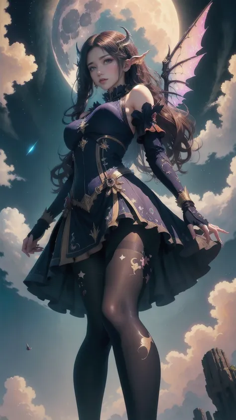 ((best quality)), ((masterpiece)), (detailed), Succubus, Ethereal Beauty, Living in the Clouds, (fantasy illustrations:1.3), Fascinating eyes, Tights, Pantyhose, stocking, Tights, Charming pose, Exquisite wings, Charming, Mysterious sky, Big Moon, Moonlit ...