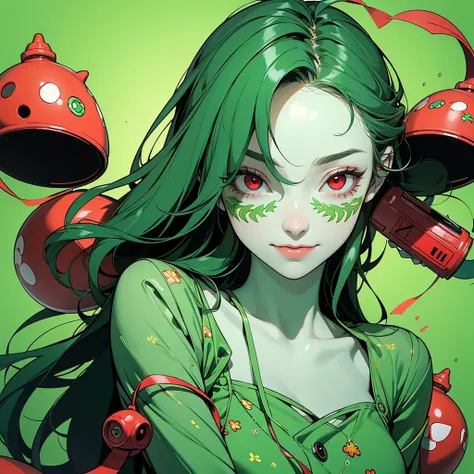 girl, holding a jar with many pharmaceutical pills, slight smile, red eyes, green skin, green image background and green image mask, madness and psychedelic image, various factors of madness and scrizophenia